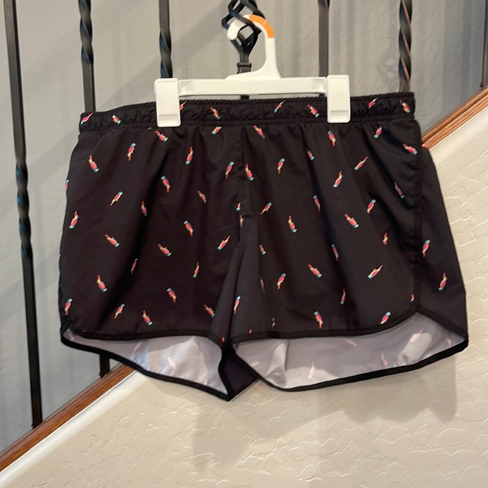 Black work out shorts with bird print